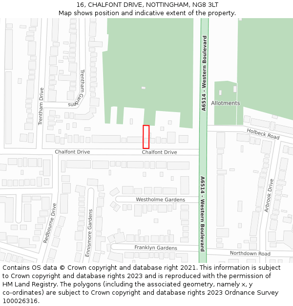 16, CHALFONT DRIVE, NOTTINGHAM, NG8 3LT: Location map and indicative extent of plot