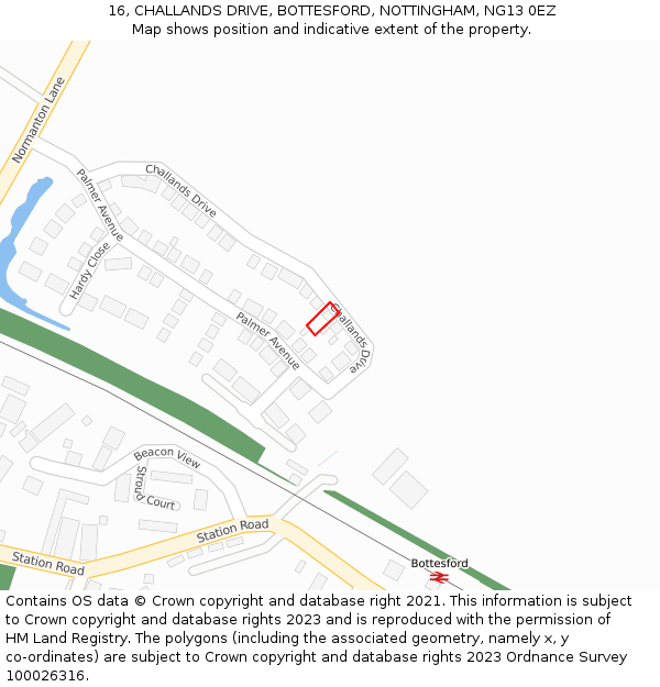16, CHALLANDS DRIVE, BOTTESFORD, NOTTINGHAM, NG13 0EZ: Location map and indicative extent of plot