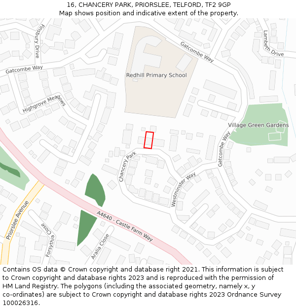 16, CHANCERY PARK, PRIORSLEE, TELFORD, TF2 9GP: Location map and indicative extent of plot