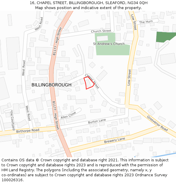 16, CHAPEL STREET, BILLINGBOROUGH, SLEAFORD, NG34 0QH: Location map and indicative extent of plot