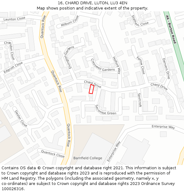 16, CHARD DRIVE, LUTON, LU3 4EN: Location map and indicative extent of plot