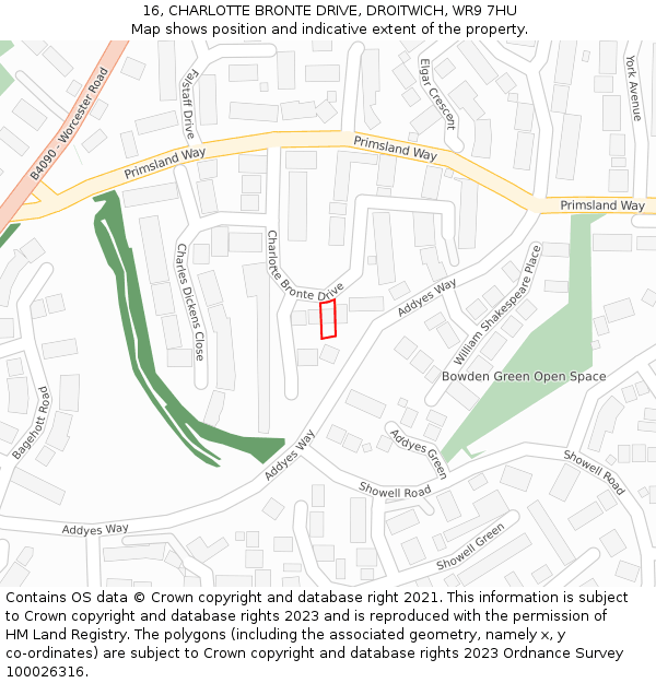 16, CHARLOTTE BRONTE DRIVE, DROITWICH, WR9 7HU: Location map and indicative extent of plot
