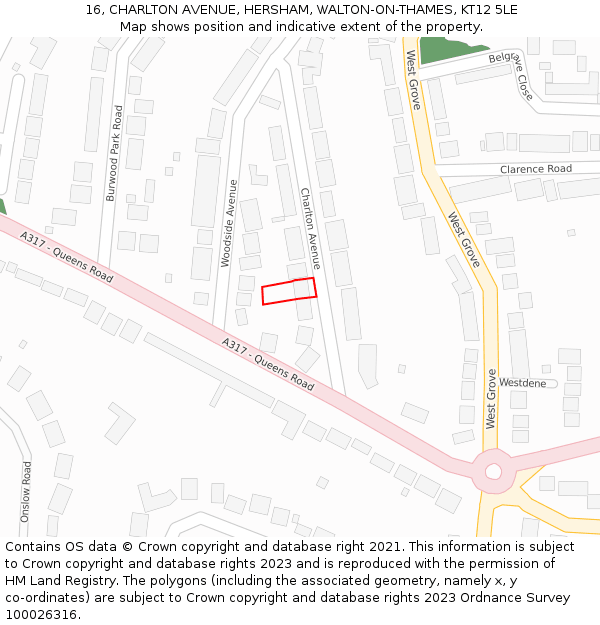 16, CHARLTON AVENUE, HERSHAM, WALTON-ON-THAMES, KT12 5LE: Location map and indicative extent of plot