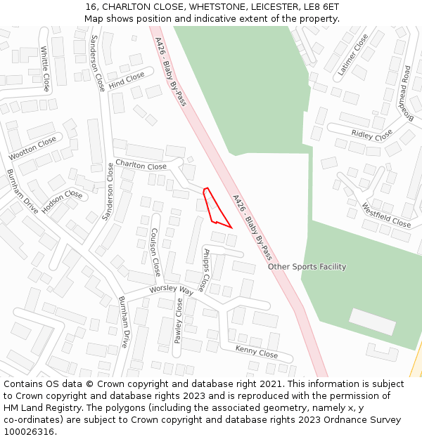 16, CHARLTON CLOSE, WHETSTONE, LEICESTER, LE8 6ET: Location map and indicative extent of plot