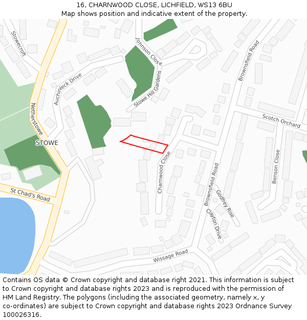 16, CHARNWOOD CLOSE, LICHFIELD, WS13 6BU: Location map and indicative extent of plot