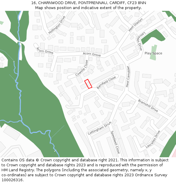 16, CHARNWOOD DRIVE, PONTPRENNAU, CARDIFF, CF23 8NN: Location map and indicative extent of plot