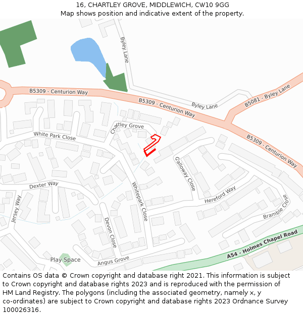 16, CHARTLEY GROVE, MIDDLEWICH, CW10 9GG: Location map and indicative extent of plot