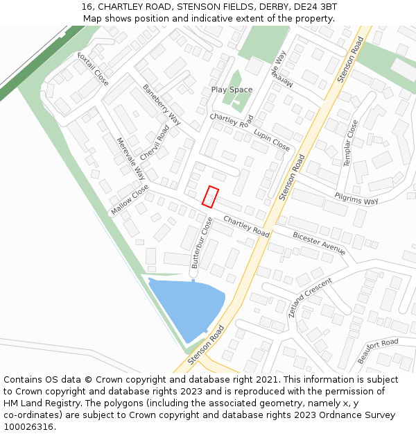 16, CHARTLEY ROAD, STENSON FIELDS, DERBY, DE24 3BT: Location map and indicative extent of plot