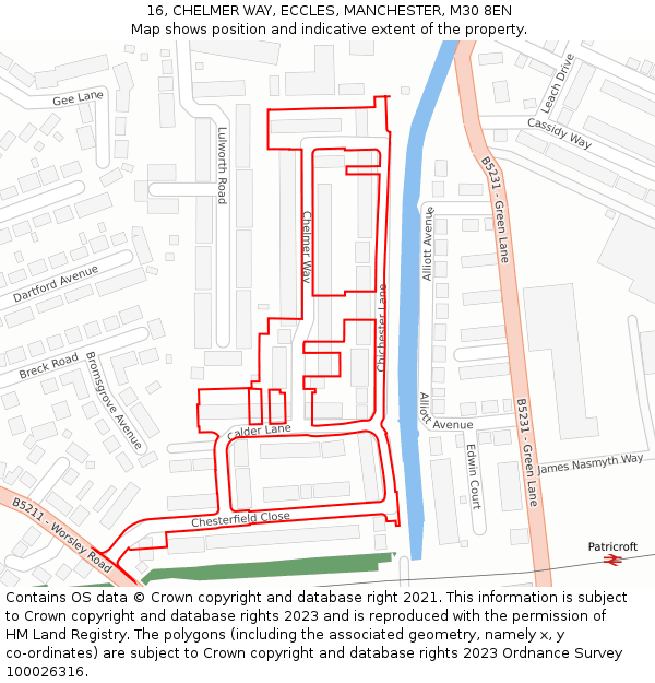 16, CHELMER WAY, ECCLES, MANCHESTER, M30 8EN: Location map and indicative extent of plot