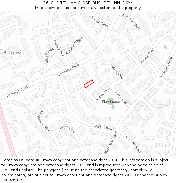 16, CHELTENHAM CLOSE, RUSHDEN, NN10 0YN: Location map and indicative extent of plot