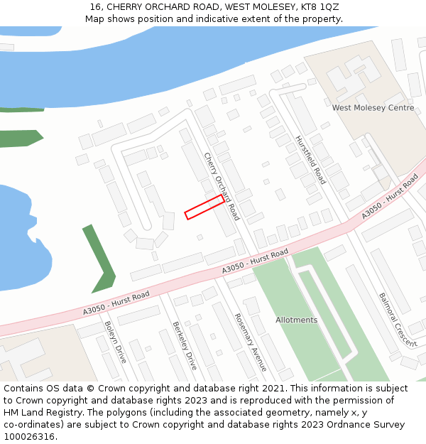 16, CHERRY ORCHARD ROAD, WEST MOLESEY, KT8 1QZ: Location map and indicative extent of plot