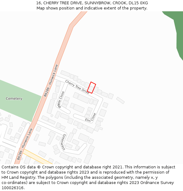 16, CHERRY TREE DRIVE, SUNNYBROW, CROOK, DL15 0XG: Location map and indicative extent of plot