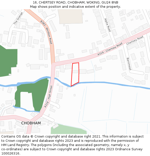 16, CHERTSEY ROAD, CHOBHAM, WOKING, GU24 8NB: Location map and indicative extent of plot