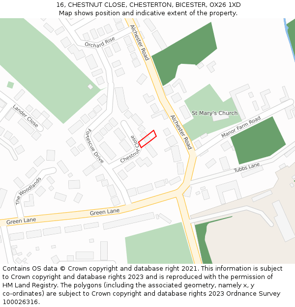 16, CHESTNUT CLOSE, CHESTERTON, BICESTER, OX26 1XD: Location map and indicative extent of plot