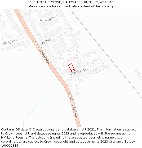16, CHESTNUT CLOSE, HANDSACRE, RUGELEY, WS15 4TH: Location map and indicative extent of plot
