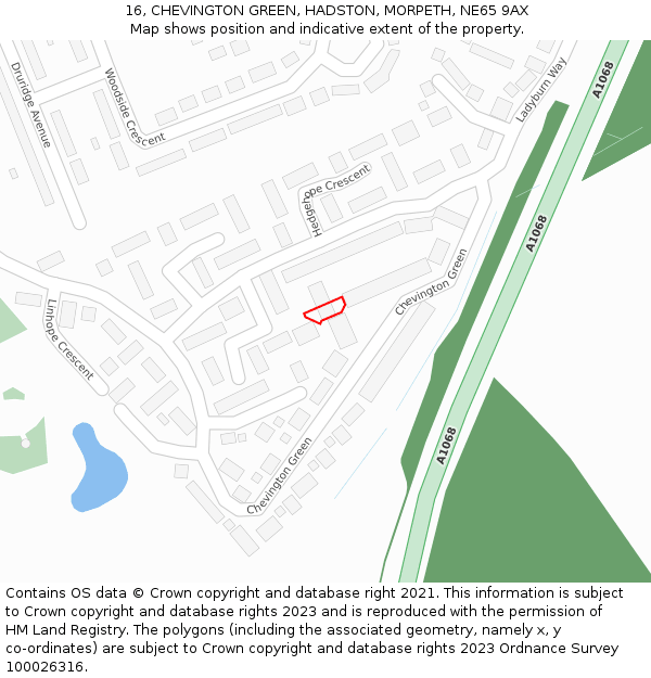 16, CHEVINGTON GREEN, HADSTON, MORPETH, NE65 9AX: Location map and indicative extent of plot