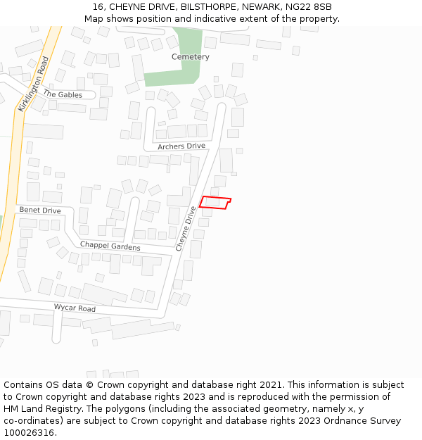 16, CHEYNE DRIVE, BILSTHORPE, NEWARK, NG22 8SB: Location map and indicative extent of plot