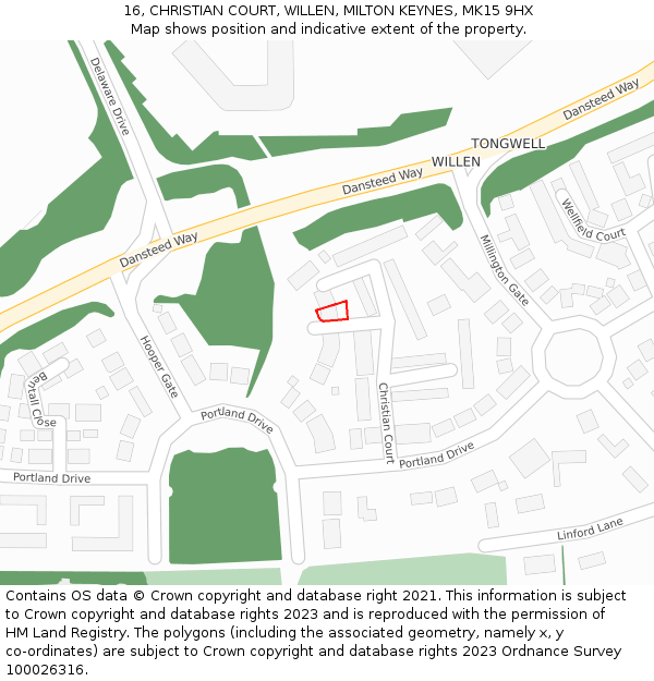 16, CHRISTIAN COURT, WILLEN, MILTON KEYNES, MK15 9HX: Location map and indicative extent of plot