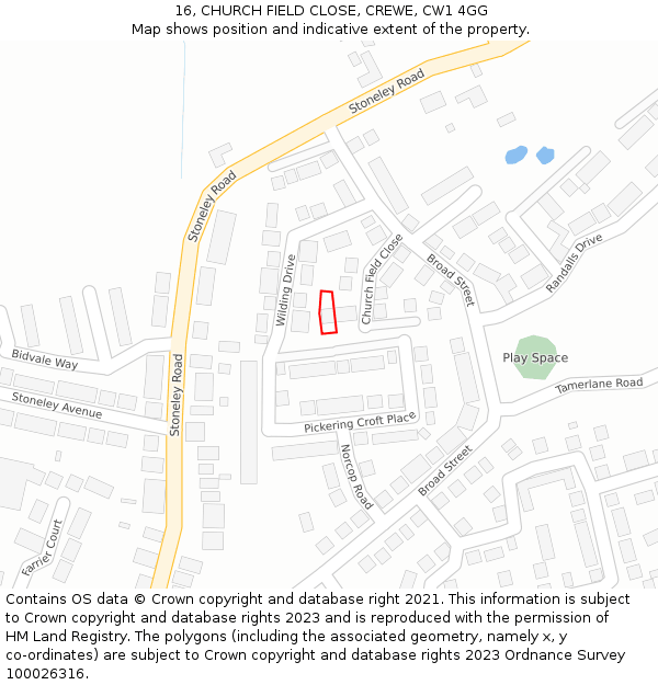 16, CHURCH FIELD CLOSE, CREWE, CW1 4GG: Location map and indicative extent of plot