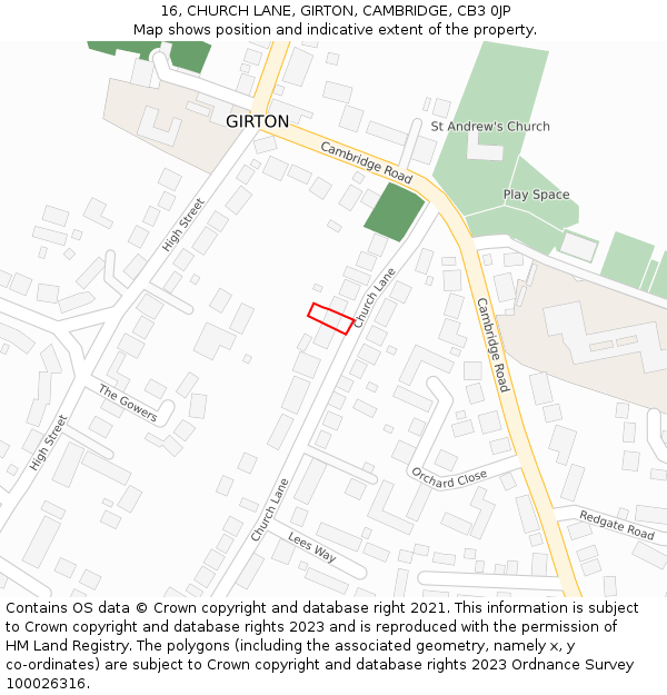 16, CHURCH LANE, GIRTON, CAMBRIDGE, CB3 0JP: Location map and indicative extent of plot