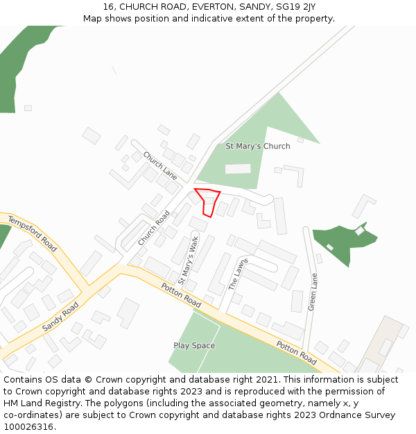 16, CHURCH ROAD, EVERTON, SANDY, SG19 2JY: Location map and indicative extent of plot