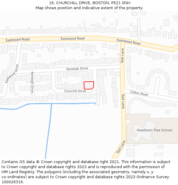 16, CHURCHILL DRIVE, BOSTON, PE21 0NH: Location map and indicative extent of plot