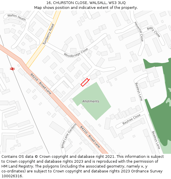 16, CHURSTON CLOSE, WALSALL, WS3 3UQ: Location map and indicative extent of plot