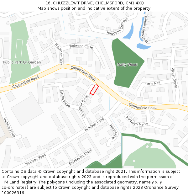 16, CHUZZLEWIT DRIVE, CHELMSFORD, CM1 4XQ: Location map and indicative extent of plot