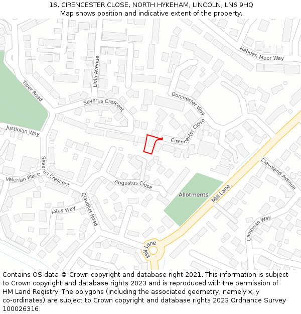 16, CIRENCESTER CLOSE, NORTH HYKEHAM, LINCOLN, LN6 9HQ: Location map and indicative extent of plot