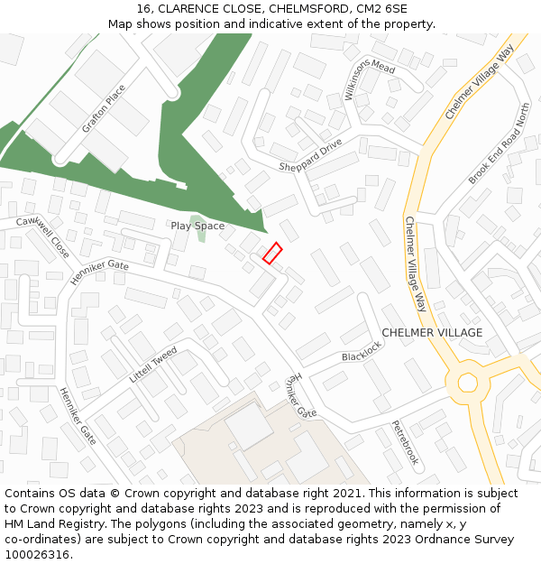 16, CLARENCE CLOSE, CHELMSFORD, CM2 6SE: Location map and indicative extent of plot