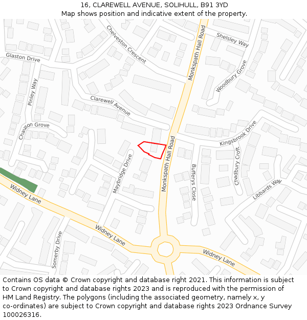 16, CLAREWELL AVENUE, SOLIHULL, B91 3YD: Location map and indicative extent of plot