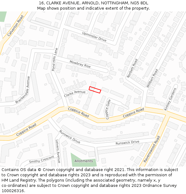 16, CLARKE AVENUE, ARNOLD, NOTTINGHAM, NG5 8DL: Location map and indicative extent of plot