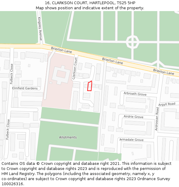 16, CLARKSON COURT, HARTLEPOOL, TS25 5HP: Location map and indicative extent of plot