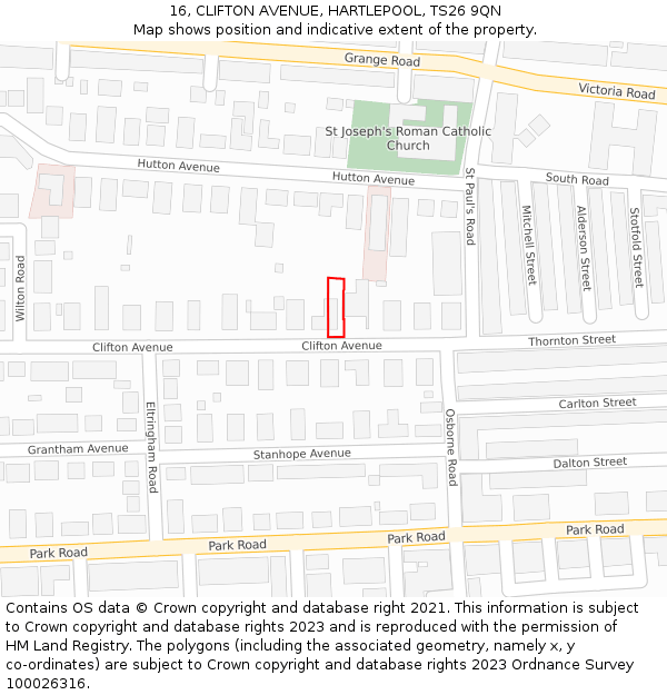 16, CLIFTON AVENUE, HARTLEPOOL, TS26 9QN: Location map and indicative extent of plot