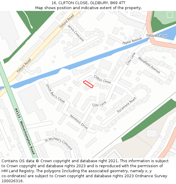 16, CLIFTON CLOSE, OLDBURY, B69 4TT: Location map and indicative extent of plot