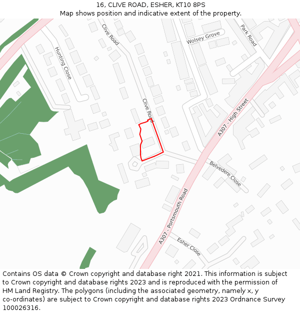 16, CLIVE ROAD, ESHER, KT10 8PS: Location map and indicative extent of plot