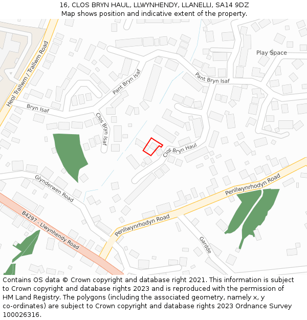 16, CLOS BRYN HAUL, LLWYNHENDY, LLANELLI, SA14 9DZ: Location map and indicative extent of plot