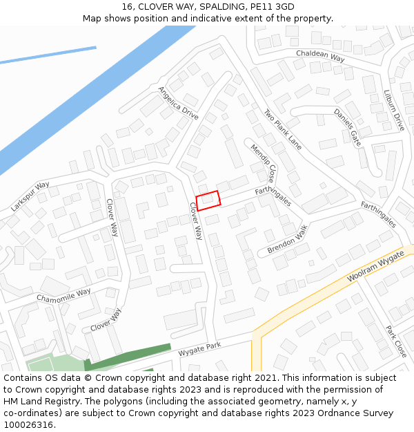 16, CLOVER WAY, SPALDING, PE11 3GD: Location map and indicative extent of plot
