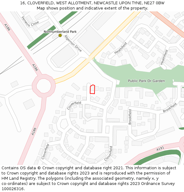 16, CLOVERFIELD, WEST ALLOTMENT, NEWCASTLE UPON TYNE, NE27 0BW: Location map and indicative extent of plot