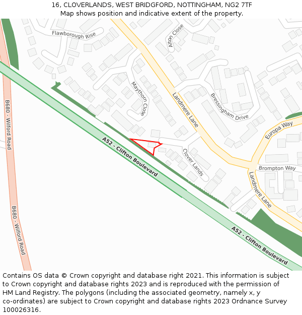 16, CLOVERLANDS, WEST BRIDGFORD, NOTTINGHAM, NG2 7TF: Location map and indicative extent of plot