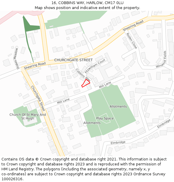 16, COBBINS WAY, HARLOW, CM17 0LU: Location map and indicative extent of plot