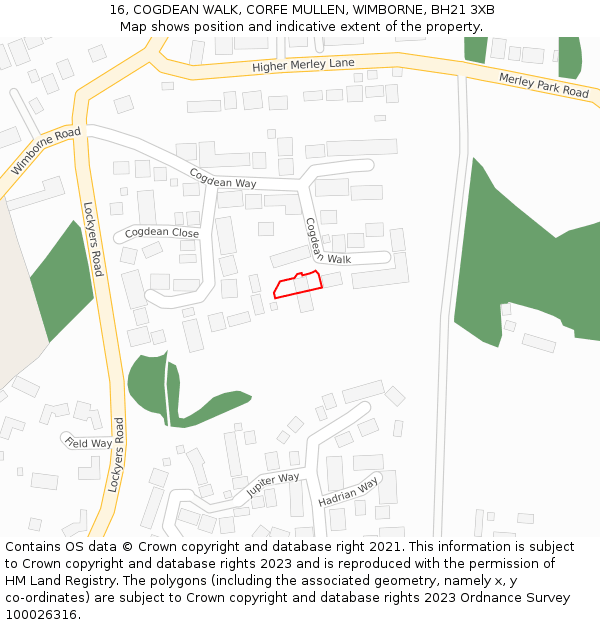 16, COGDEAN WALK, CORFE MULLEN, WIMBORNE, BH21 3XB: Location map and indicative extent of plot