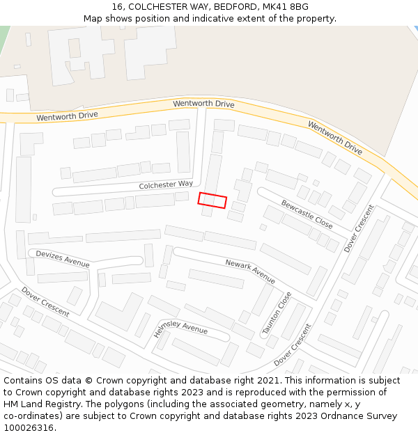16, COLCHESTER WAY, BEDFORD, MK41 8BG: Location map and indicative extent of plot