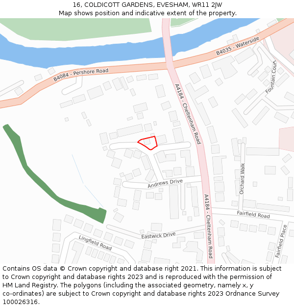 16, COLDICOTT GARDENS, EVESHAM, WR11 2JW: Location map and indicative extent of plot