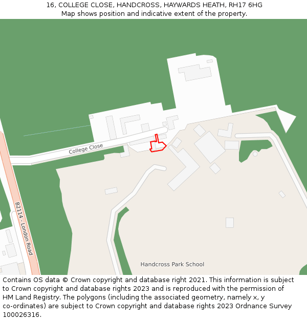 16, COLLEGE CLOSE, HANDCROSS, HAYWARDS HEATH, RH17 6HG: Location map and indicative extent of plot
