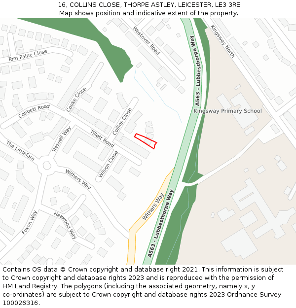 16, COLLINS CLOSE, THORPE ASTLEY, LEICESTER, LE3 3RE: Location map and indicative extent of plot