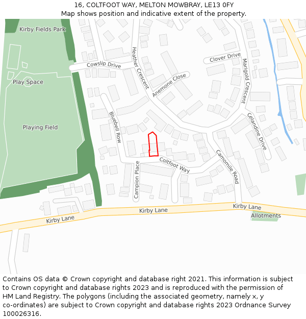16, COLTFOOT WAY, MELTON MOWBRAY, LE13 0FY: Location map and indicative extent of plot