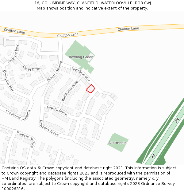 16, COLUMBINE WAY, CLANFIELD, WATERLOOVILLE, PO8 0WJ: Location map and indicative extent of plot