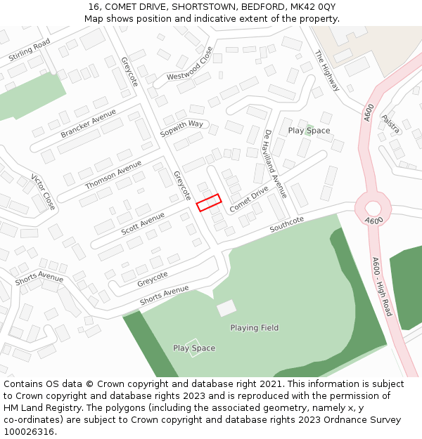 16, COMET DRIVE, SHORTSTOWN, BEDFORD, MK42 0QY: Location map and indicative extent of plot