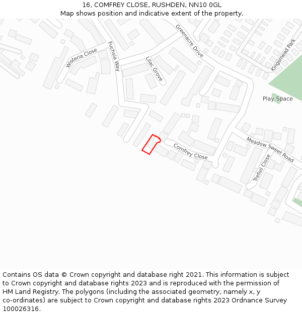 16, COMFREY CLOSE, RUSHDEN, NN10 0GL: Location map and indicative extent of plot